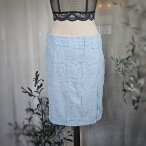 Striped Patchwork Light Blue Pencil Skirt with Button Detail